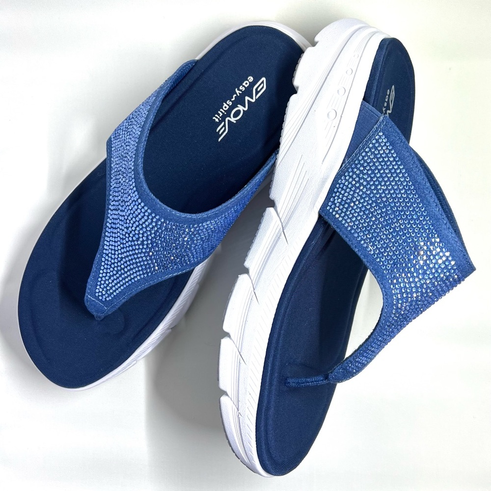 Easy Spirit Women's Emove Slip On Sandals 8W Blue Rhinestone Arch Support
